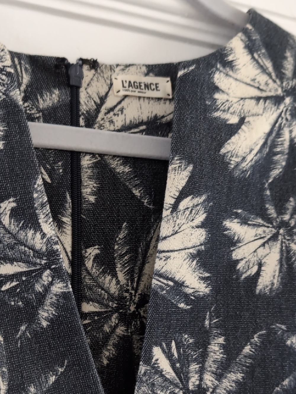 L'AGENCE Navy and Ivory Palm Leaf V-Neck Dress